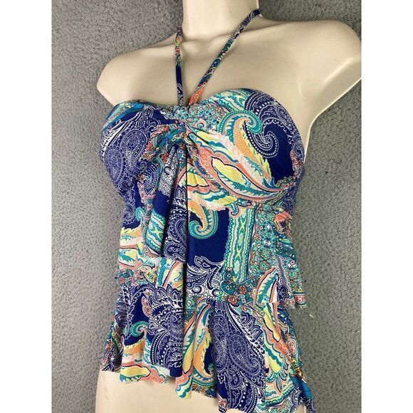 Kenneth Cole Swim Reaction Top Tankini Womens Size Small Ruffle Halter Blue - Picture 3 of 10